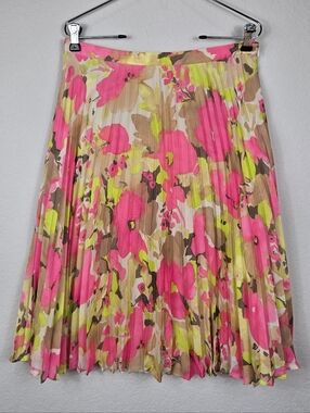 Floral Pleated Midi Skirt Pink Lime Green Brown Petite Size 6P Like New Flowy